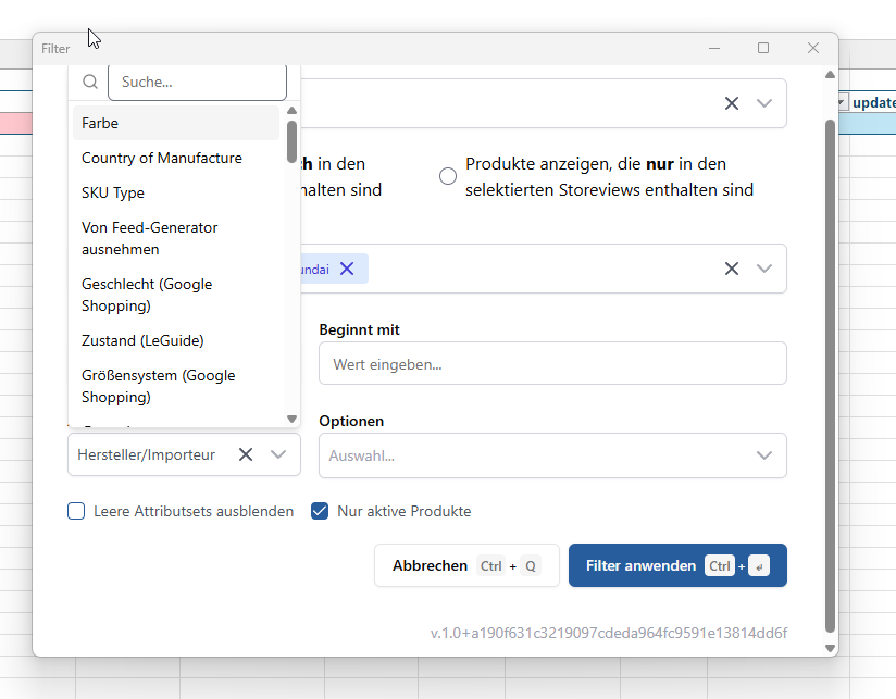 Filter dialog showing keyboard navigation shortcuts