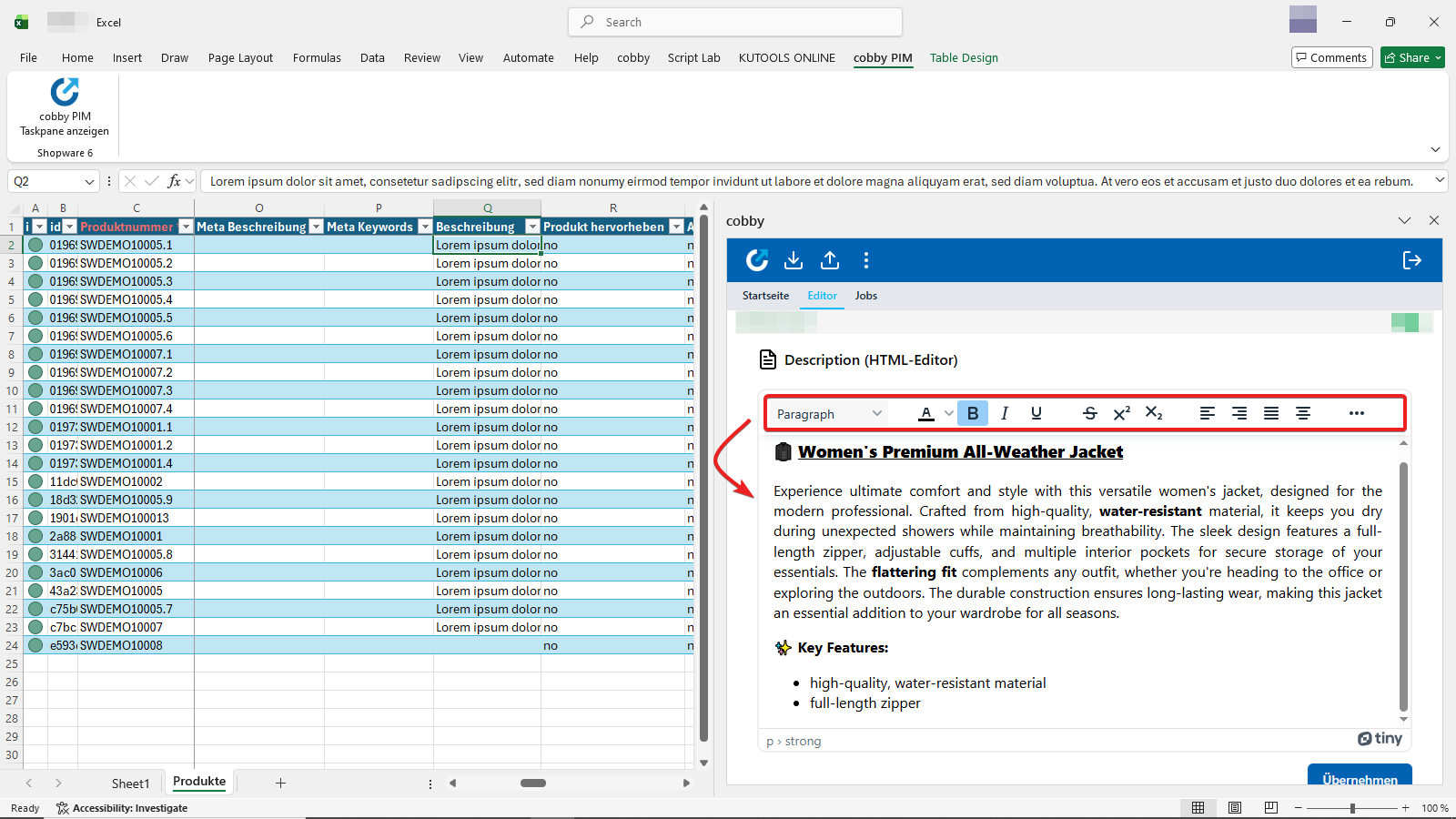 Formatting options in the toolbar