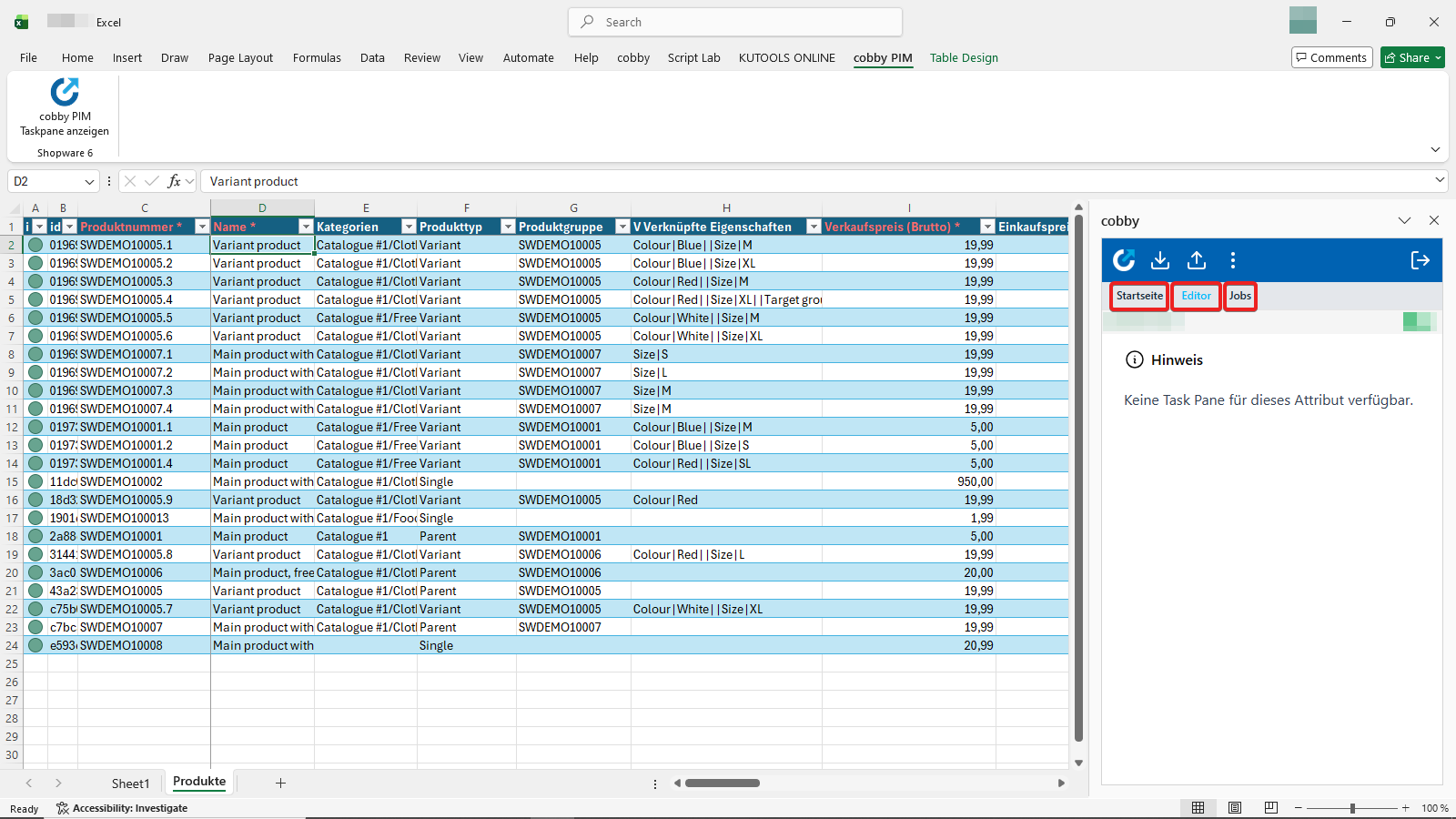 Task Pane/Tabs Shopware